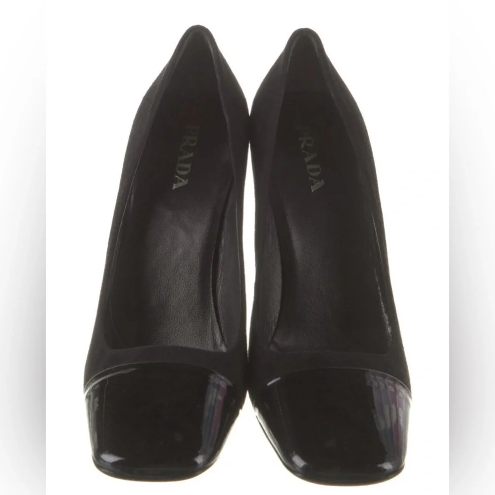 PRADA logo heeled black Suede Pumps SZ 40 (US SZ 10). Never worn. NWOT - Picture 2 of 12
